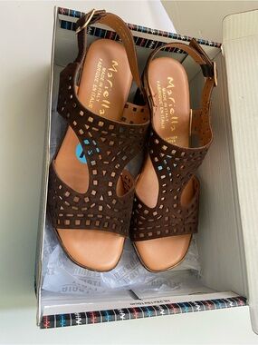 NWT Mariella Brown Laser-Cut Leather Slingback Sandals